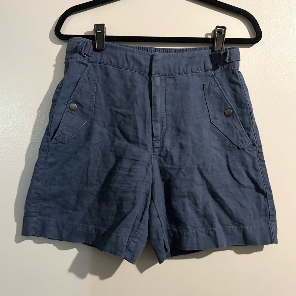 Athleta Womens Voyager Linen Shorts Granite Blue Lightweight Adjustable Waist